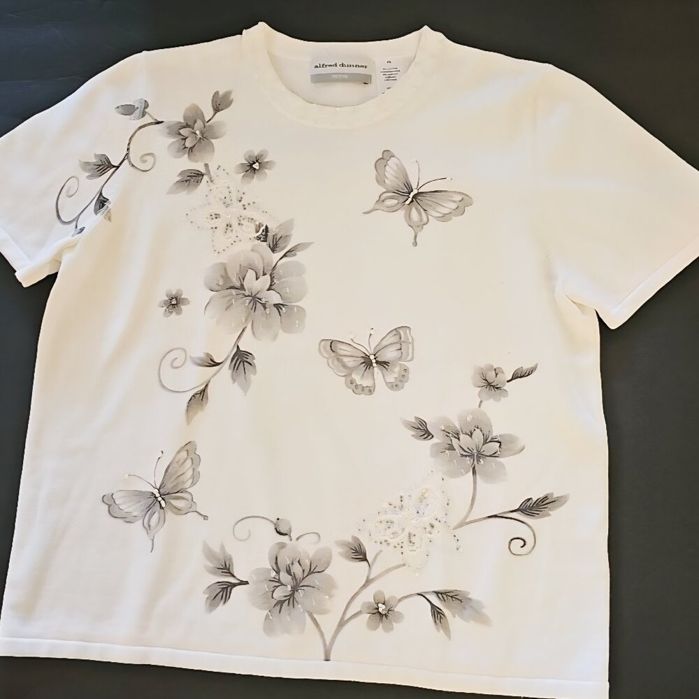 Alfred Dunner FLORAL with butterflies beaded knit Blouse short sleeves P-Large